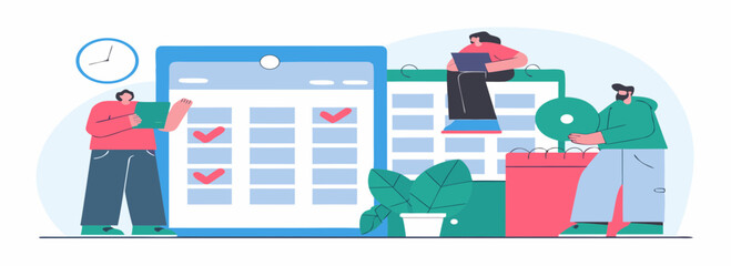 Digital illustration of a diverse group of individuals collaborating around charts and data in a modern workspace, emphasizing teamwork and analysis.