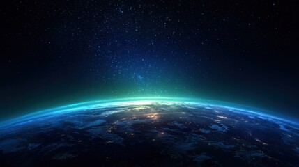 Spinning global sphere highlighting illuminated urban centers, verdant landmasses against deep nocturnal cosmic background studded with twinkling stellar elements