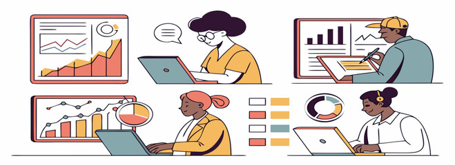 Illustration of diverse professionals collaborating on data analysis, with charts and graphs in the background.