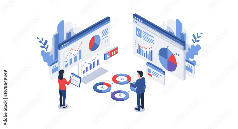 Poster analyzing business growth with interactive digital data charts in isometric style