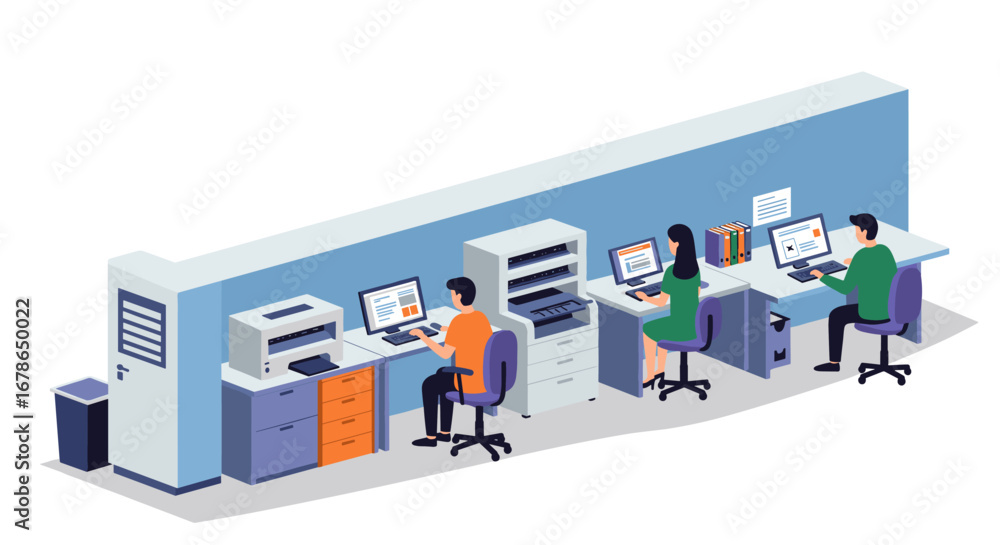 Aufkleber modern office workspace with employees using computers in isometric style