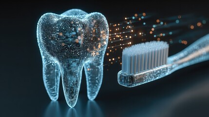 A digital dental technology design featuring a wireframe of a tooth and toothbrush with medical icons on a dark blue background. It symbolizes a dental clinic and hospital. 