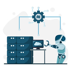 Illustration of a robot using artificial intelligence with servers, cloud computing, and automation technology.