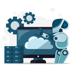 Illustration of AI robot interacting with cloud computing system on monitor, database servers, and gears. Concept of automation, technology, and digital innovation.
