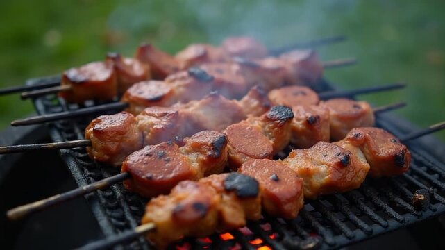Meat on metal skewers, fried on coals in a metal grill. Cooking shish kebab in nature. Cooking fry shish kebab, BBQ, barbecue, shashlik on coals outdoors. Kebab roasted on the coals in the smoke.