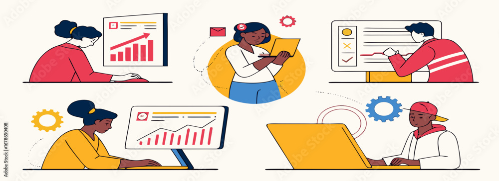 Aufkleber colorful illustrations depicting individuals engaged in data analysis and project management tasks w