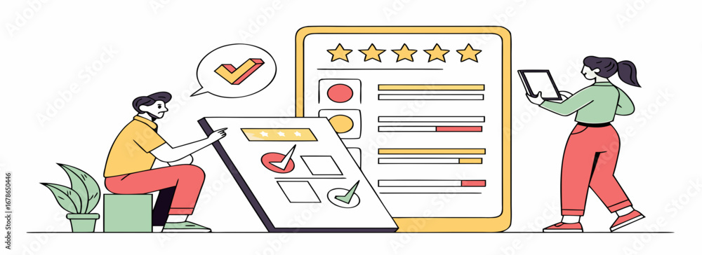 Poster illustration of two individuals evaluating feedback using charts and checkmarks in a collaborative w