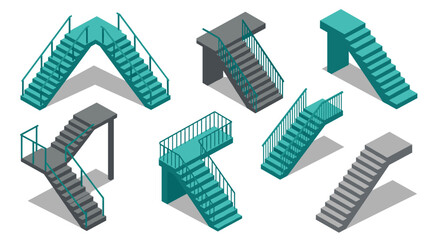 Diverse staircase designs in isometric style for modern architecture concepts