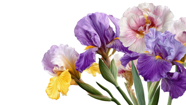 Vibrant iris blossoms in pastel hues