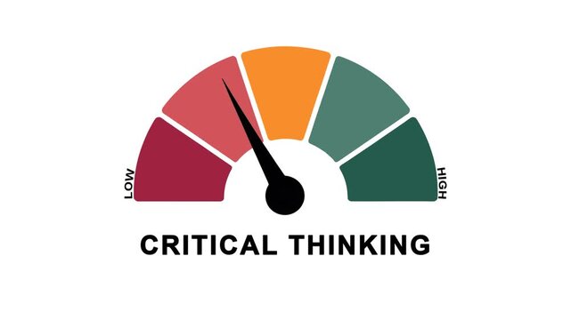 Animated critical thinking meter moving from low to high level, ideal for concepts related to intelligence, problem solving, and decision making