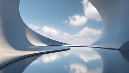 Abstract architectural interior, smooth white curves, reflecting sky