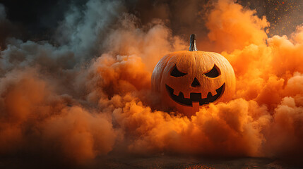 Fototapeta premium Spooky Halloween Pumpkin Surrounded by Eerie Orange Smoke and Dark Clouds at Night