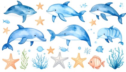 Watercolor dolphin and fish illustration set