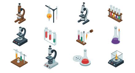 Isometric scientific laboratory equipment featuring microscopes and test tubes