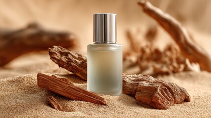 Luxurious perfume bottle nestling amid sandalwood fragments, creating sophisticated sensory backdrop highlighting fragrance essence and aesthetic elegance