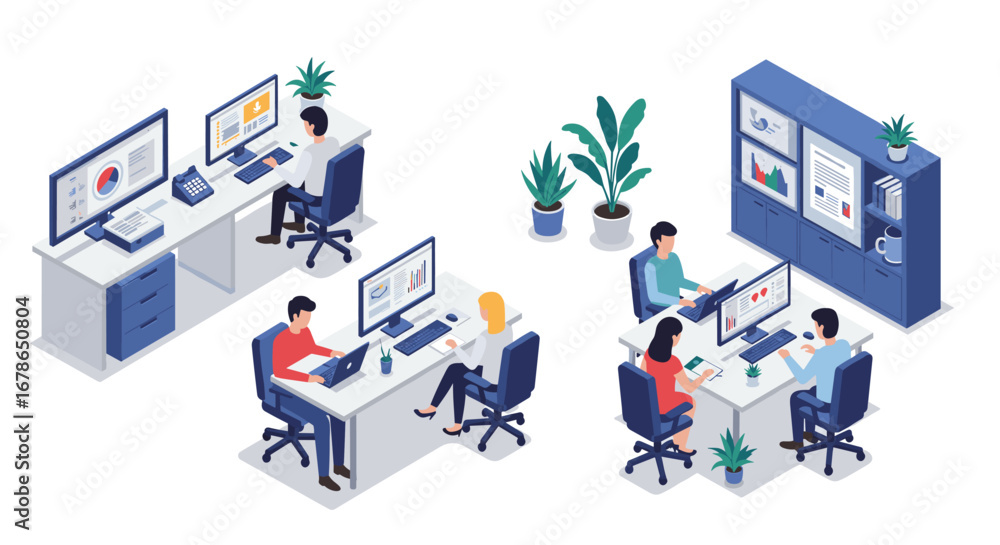 Poster modern office workspace with people at desks and computers in isometric style