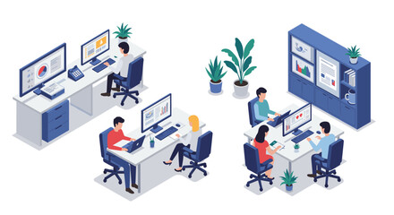 Modern office workspace with people at desks and computers in isometric style