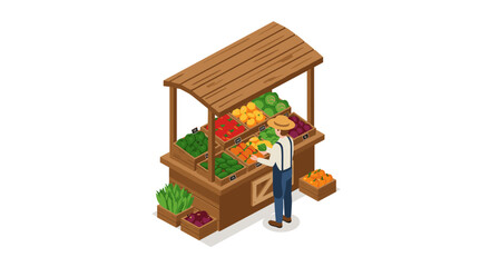 Isometric farmers market stand with fresh produce and vendor