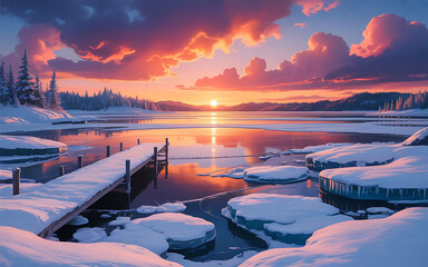 Winter sunset over snowy lake with wooden pier