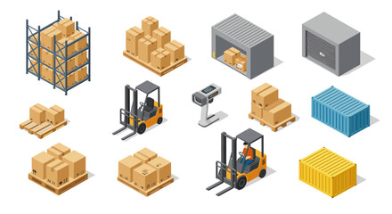 Isometric warehouse logistics with forklift and storage solutions