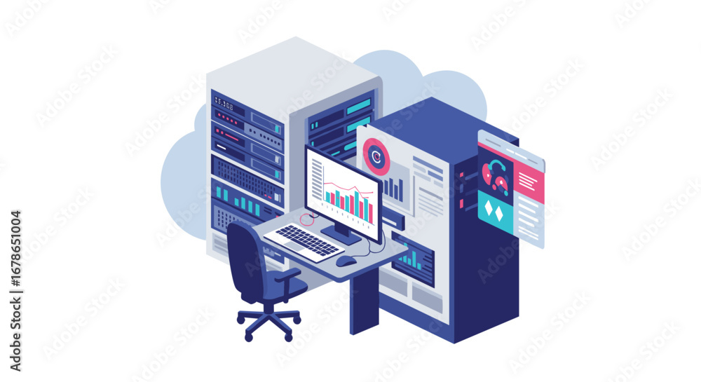 Aufkleber Modern data center with server racks and desktop in isometric design