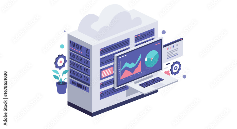 Poster cloud data center with analytics dashboard and laptop in isometric design