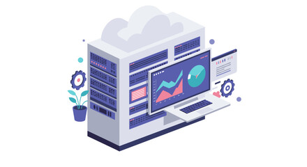 Cloud data center with analytics dashboard and laptop in isometric design