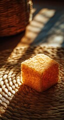 Golden cube confection on woven mat, sunlit
