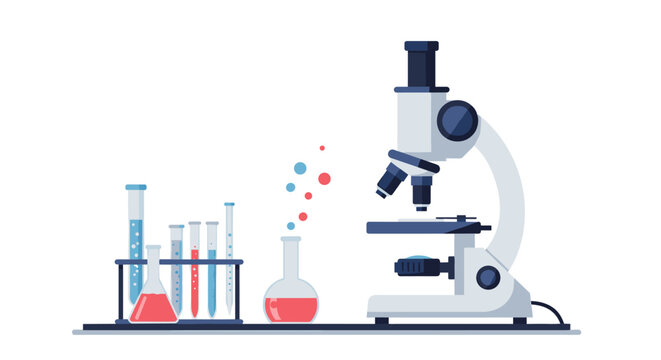 Modern laboratory equipment with microscope and test tubes on white background