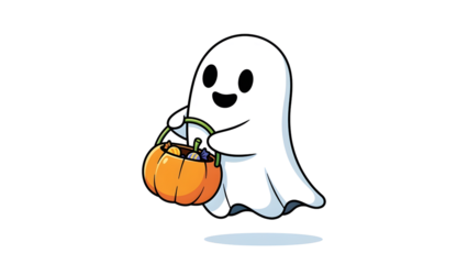 Cute cartoon ghost holding pumpkin pail for trick or treat Halloween