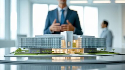 Businessman standing beside detailed architectural building model in modern office with blurred colleagues behind - Powered by Adobe