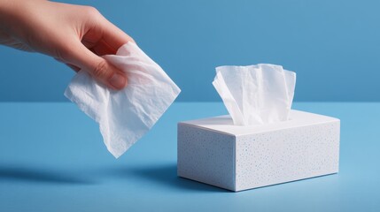 Hand pulling soft white tissue from polka dotted box against vivid blue background, highlighting personal hygiene and wellness concept with minimalist, clean aesthetic