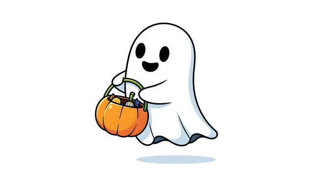 Cute cartoon ghost holding pumpkin pail for trick or treat Halloween