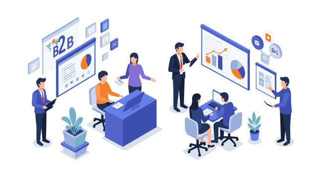 Modern office collaboration in isometric design for b2b business analysis