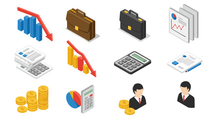 Isometric financial management icons with graphs, documents, and calculators