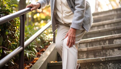 膝をさすりながらゆっくりと慎重に階段を降りる高齢者  膝の痛みとシニアライフのイメージ