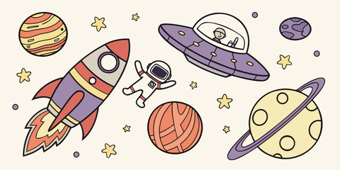 Illustration of a vibrant space scene featuring a rocket, an astronaut, a flying saucer, and colorful planets.