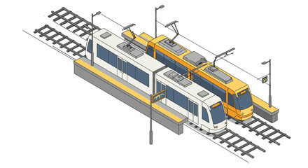 Modern urban tram station isometric design with two trains in motion