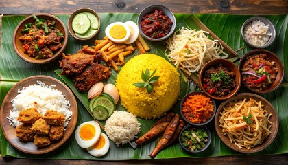 A rich and colorful spread of Nasi Tumpeng with yellow turmeric rice, eggs, noodles, sambal, fried snacks, meats, and vegetables, served on banana leaves with assorted traditional side dishes.