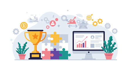 Business success concept with trophy and digital technology icons in a modern office setting