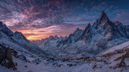 Snowy mountain peaks at sunset