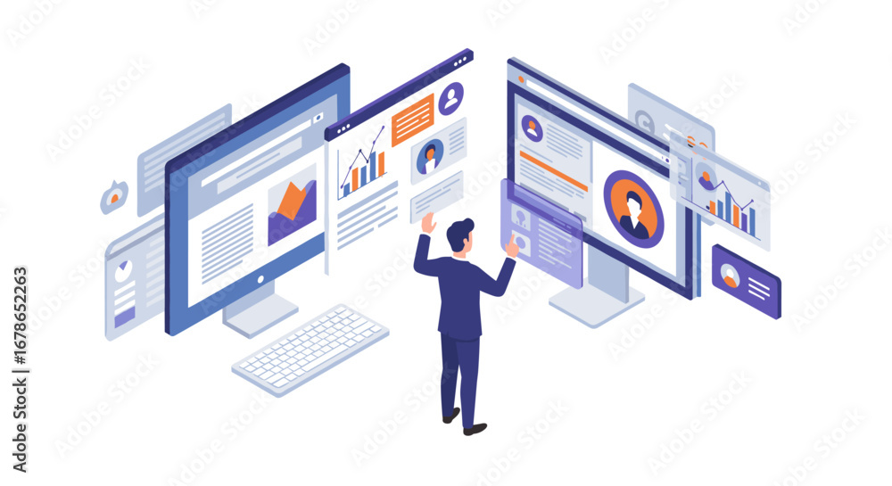 Poster businessman analyzing digital data on multiple screens in isometric design