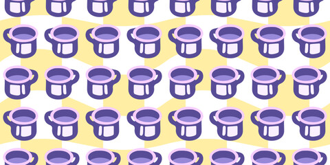 Seamless Cartoon Cooking Pot Pattern. Purple cooking pots in cartoon flat style. Seamless kitchen utensil illustration on yellow background.