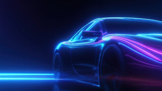 Futuristic sports car gleaming with neon highlights, reflecting luminously on polished dark surface, embodying cutting edge automotive design