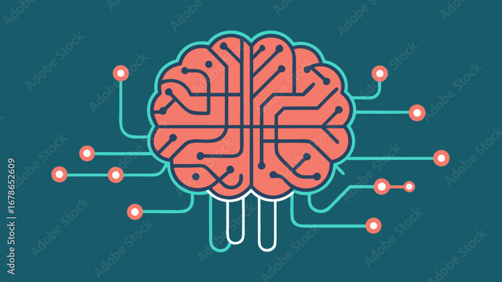 Poster futuristic ai brain with neural connections in minimal retrofuturistic style on teal background