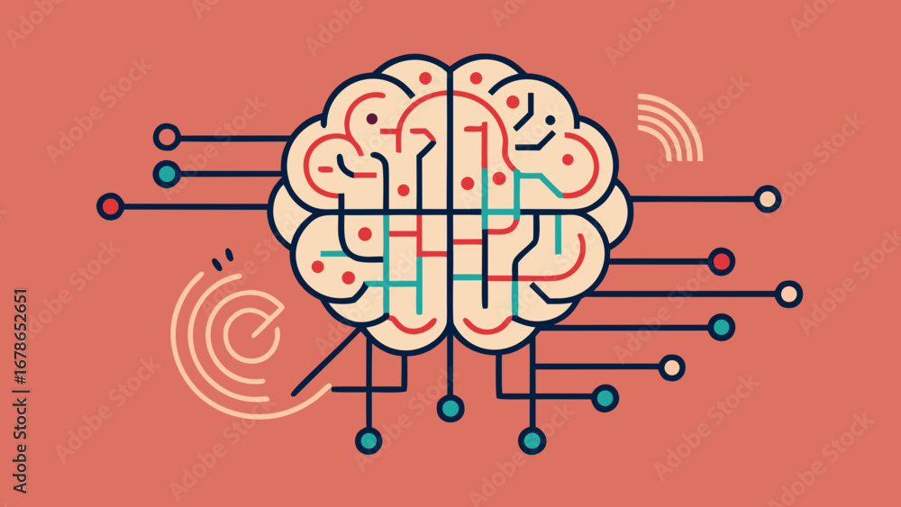 Poster minimalist ai brain with connected neural circuits in retrofuturistic style on red background