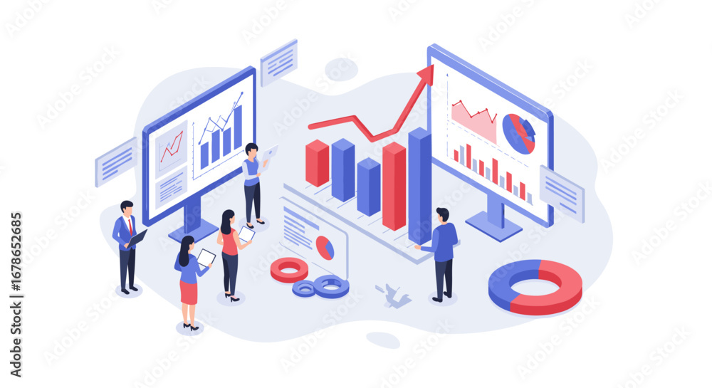 Poster isometric business analytics with charts and graphs