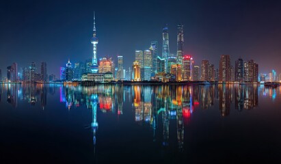 Fototapeta premium Panoramic view of a vibrant city skyline at night, reflected in the calm water of a river