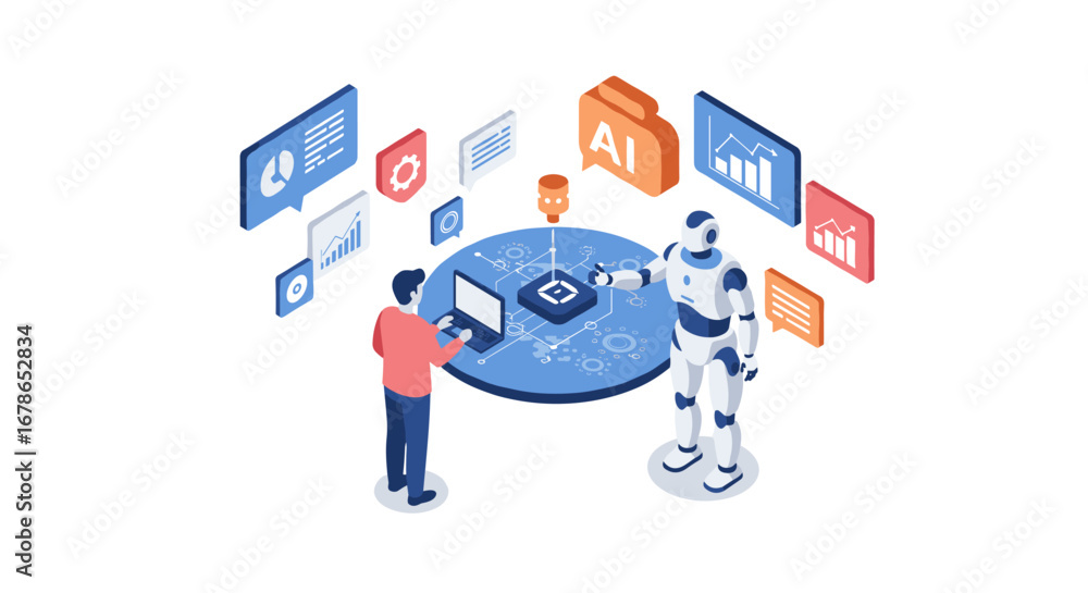 Poster ai collaboration: futuristic robot and programmer in an isometric office setting