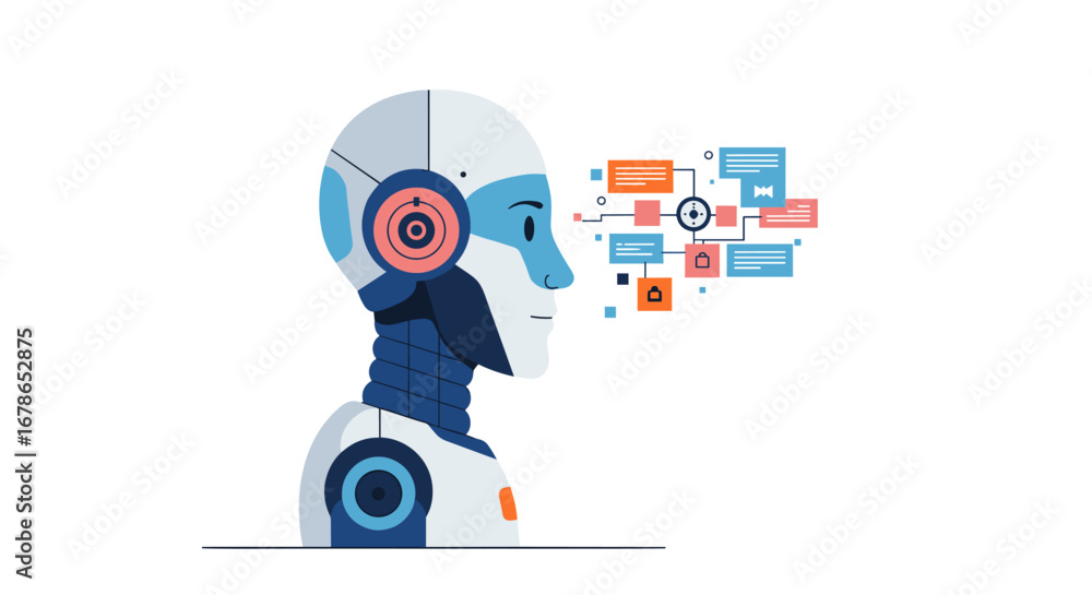 Aufkleber futuristic ai robot profile with colorful digital interface connections in flat design